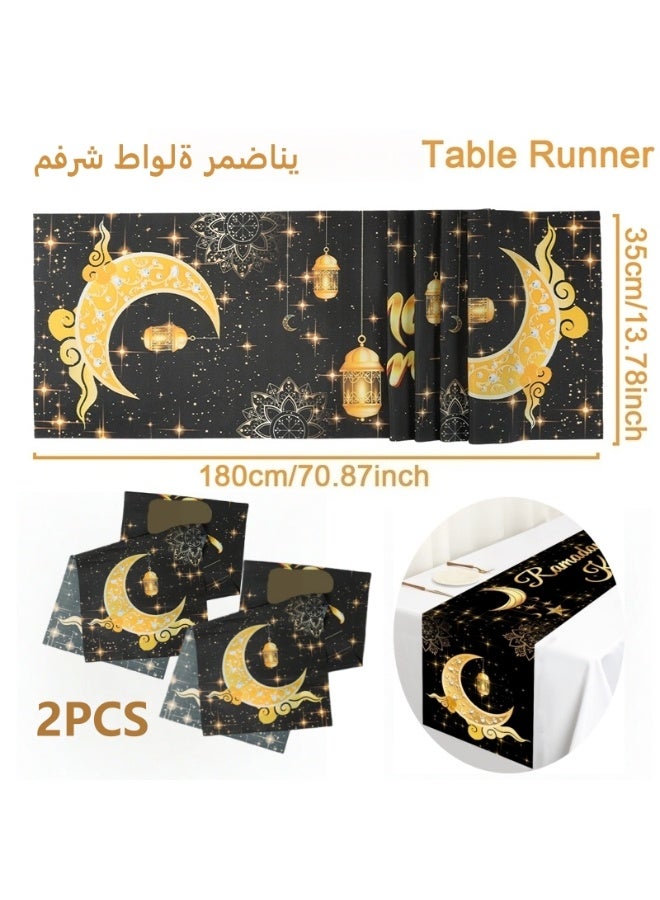 2-PACKS Eid al-Fitr Table Runners, Crescent Lantern Printed Tablecloths, Festive Decorative Placemats 180 * 35cm - Image 1